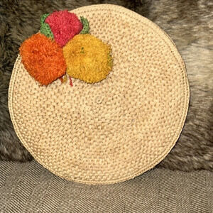 MAR Y SOL Tan Straw Raffia Fruit Embellished Round ZipUp Clutch Handbag Handmade